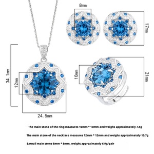 Fashion Eco-friendly Copper Round Cut 10-8mm Blue Cubic Zirconia Necklace and <b>Earring</b> Ring Temperament Jewelry Set for Women - Product Image 2