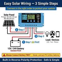Contrôleur de charge solaire PWM 10A 20A 30A 12V 24V Auto LCD Double USB Protection complète Faible MOQ Commande en gros pour les vendeurs e-commerce