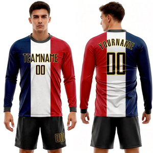 Maillot <span class=keywords><strong>de</strong></span> football <span class=keywords><strong>de</strong></span> l'équipe <span class=keywords><strong>de</strong></span> <span class=keywords><strong>France</strong></span> en gros, bleu, <span class=keywords><strong>blanc</strong></span>, rouge, manches longues, personnalisable avec logos <span class=keywords><strong>de</strong></span> sponsors, pour hommes - Product Image 1