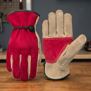 Gants de travail de jardin en cuir rouge et marron avec manchette ajustable résistants à l'abrasion - Product Image 4