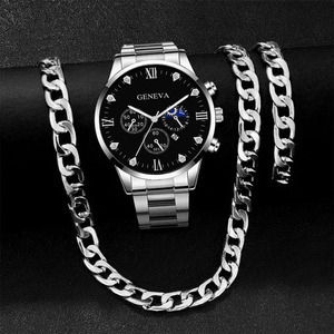 Wholesale Fashion Stainless Steel Quartz <strong>Watch</strong> Bracelet Cross Necklace Jewelry Classic Boy Gold <strong>Geneva</strong> <strong>Watches</strong> <strong>Set</strong> for Men - Product Image 2