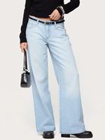 Jeans de Mujer, Color Azul Hielo, Lavado Decolorado, Corte Holgado y Recto, Estilo Vintage Y2K