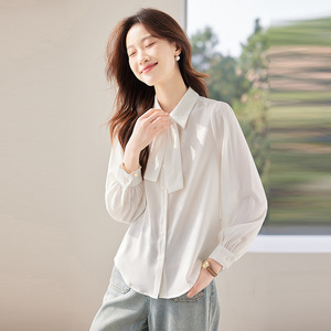 Blue Satin Shirt Women Long Sleeve Solid Color Office Wear Polyester Fabric Q9960 - Product Image 2