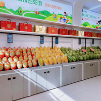 L-vormige enkelzijdige trapvormige displaykast van staal & hout, heavy-duty, aanpasbaar, voor fruitwinkels en supermarkten.