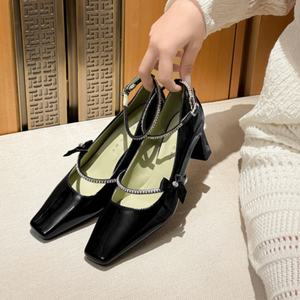 Zapatos Mary Jane Estilo Francés con Tira de Diamantes en Forma de Gota de Agua, Tacón de Aguja, Punta con Lazo, Sandalias de Tacón de Verano en Cuero Genuino - Product Image 4