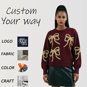 Elegante Maglione da <span class=keywords><strong>Donna</strong></span> <span class=keywords><strong>Bordeaux</strong></span> con Fiocco Dorato 3D Applicato, Ricamo e Collo a V Arricciato, Pullover Lavorato a <span class=keywords><strong>Maglia</strong></span> - Product Image 1