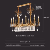Lustre de salle à manger de style français, luxe, tout en cuivre, rond, avec cristaux LED, taille moyenne, pour villa, duplex, éclairage à bougies