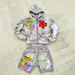 Custom Two Piece Unisex Sweatsuit Track <b>Short</b> Set Summer Applique Embroidery <b>Patch</b> Tracksuit Zip up Hoodie and <b>Shorts</b> Jacket Set - Product Image 3