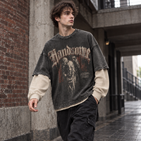 Nouvel Arrivage T-shirt Homme Streetwear à Manches Longues en Maille Gaufrée Lavée Superposée, Imprimé Sérigraphié et Épaules Tombantes