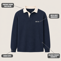 Sweat-shirt personnalisé pour homme bleu marine avec col polo contrastant crème, broderie sur la poitrine, poignets côtelés, coupe décontractée pour le streetwear