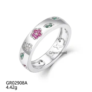 Grace Jewelry Funny Cute Flower Shape Red Gemstone Ruby Green Nano Crystals 925 Sterling Silver Dainty Women Ring