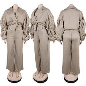 Women's Casual Large Collar Pleated Sleeve Top and <b>Pants</b> 2-Piece Set Fashion - Product Image 6
