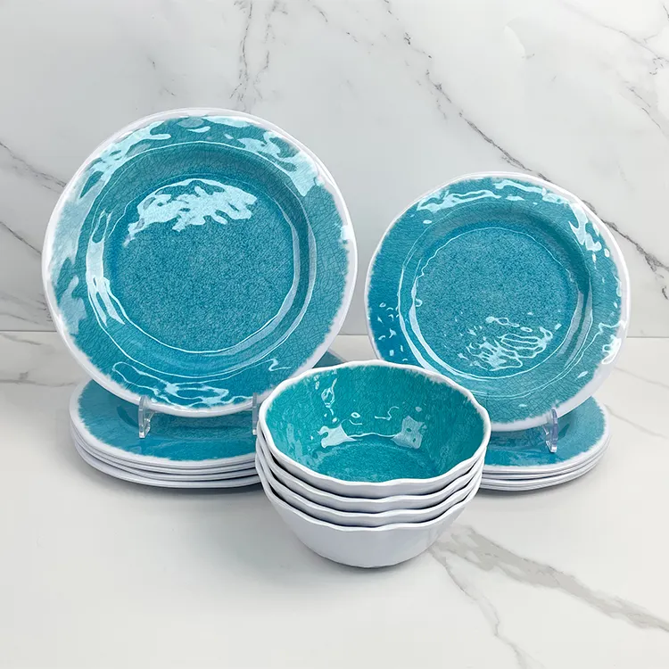 Organizador de vajilla melamina set d'assiettes bleues set de 12pcs vaisselle en mélamine set de vaisselle de camping