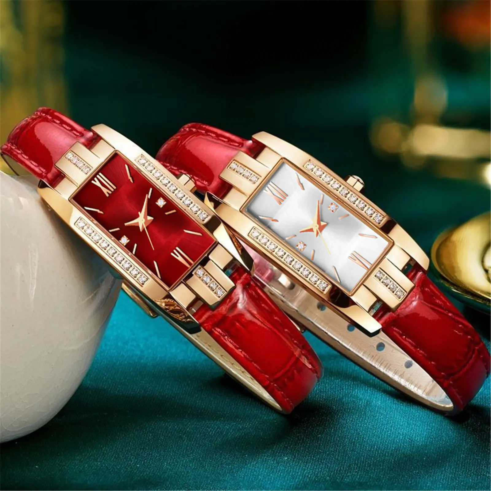 newest diamond rhinestone Fashion Women Leather Watch square leather Bracelet Watch Gold Women quartz watch