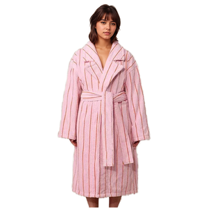 Peignoir en coton rayé rétro pour femmes, robe décontractée pour femmes, col rabattu, vêtements de nuit doux, peignoirs 100% coton - Product Image 1