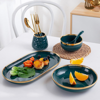 Service de vaisselle en céramique de luxe vert, assiettes à dîner, assiettes à salade, bols à soupe, pour restaurant et hôtel