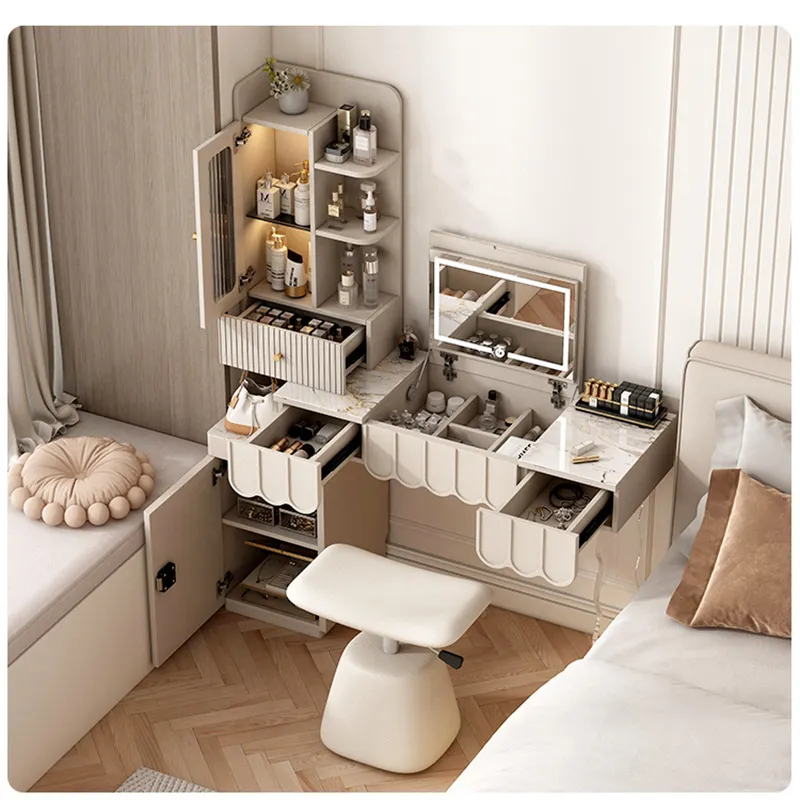 French cream style dressing table with fingerprint lock safe integrated telescopic flip mirror small bedside makeup table