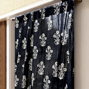 Cortinas de Cuerda con Estampado Artesanal de Algodón Indio, Diseño Floral Negro, Estilo Americano, Ecológicas, Antipolvo, Tamaño Personalizado, con Bolsillo para Varilla, para el Hogar - Product Image 1