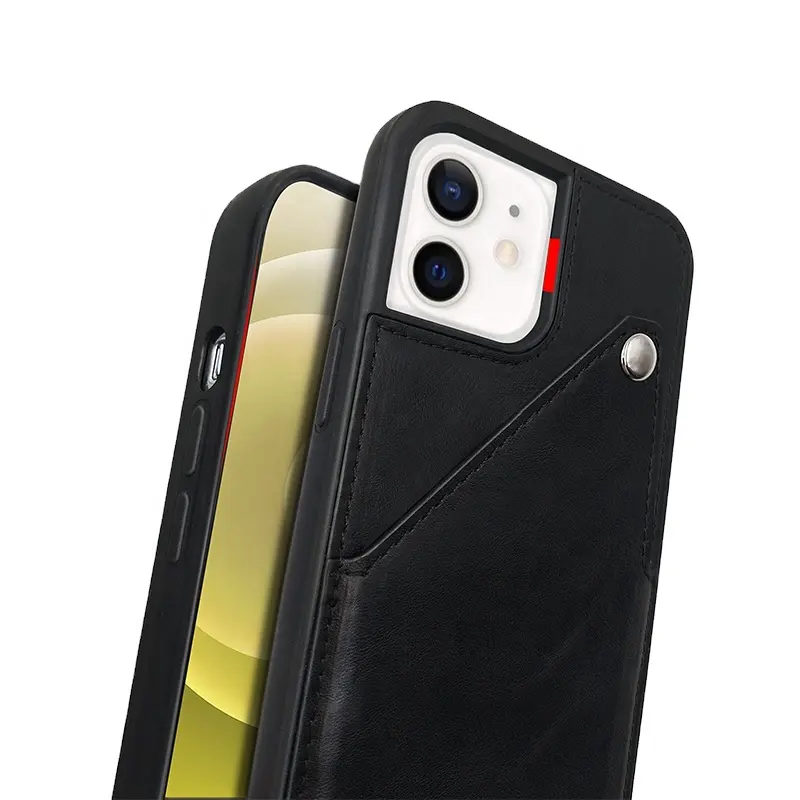 Fashion Genuine Leather Detachable Crossbody Strap Mobile Phone Cover For Iphone 13 Case Black