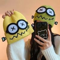 Gorro de lana tejido divertido y lindo con diseño de robot, en contraste de color, para mujer, estilo caricatura, cálido, para otoño/invierno, con protección para las orejas, para estudiantes.