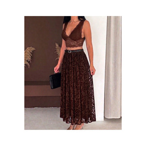 Women's Brown Flocked Tulle Skirt <b>Elastic</b> Waist 100 Cm Hijab Friendly Long A Line - Product Image 2