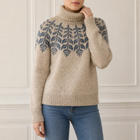 Pull en tricot Fair Isle personnalisé pour femme, col roulé, beige, gris, bleu, motif feuille, fabrication OEM ODM