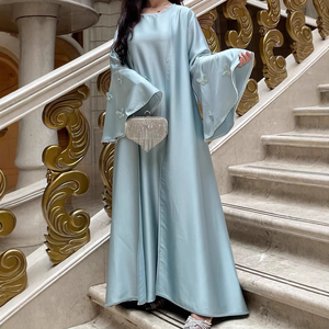 Wholesale 3D Butterflies Embroidery Flare Sleeve Muslim Dress Dubai Wedding <b>Kaftan</b> Bridal Satin Abaya - Product Image 1