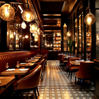 Meubles de restaurant sur mesure Ron Group, table carrée en bois, ensemble de chaises brunes, sièges en cuir