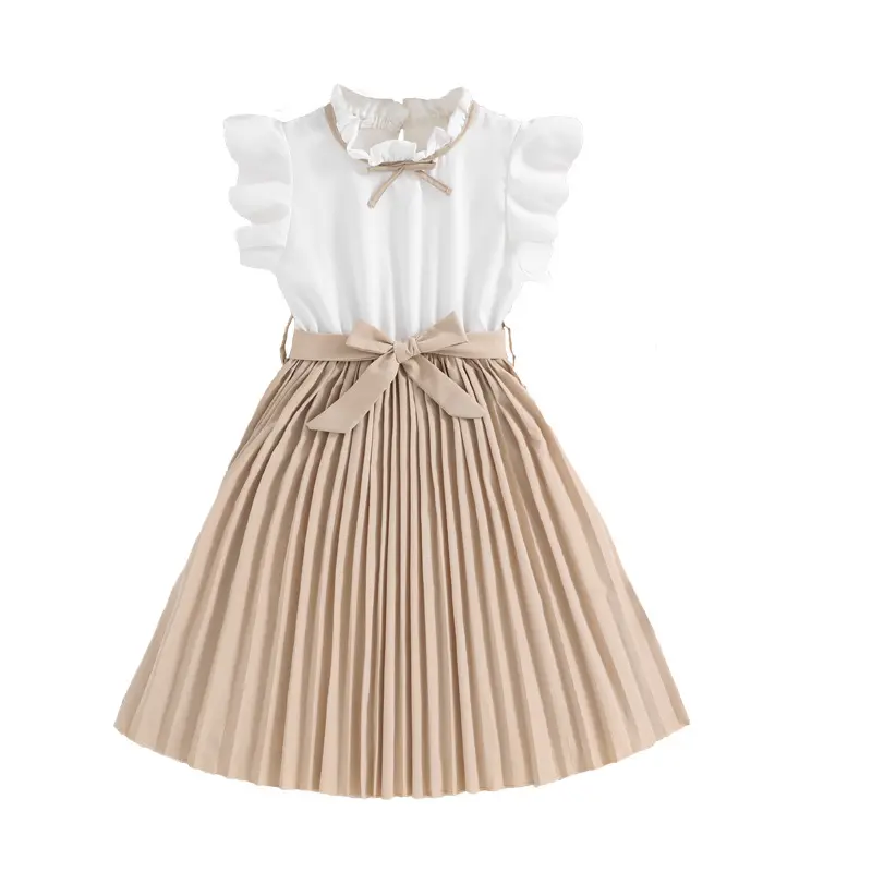 2024 Summer Girl's Fashion Dress Cute Ruffle Patchwork Pleated Short Sleeved Frock 8-12 Years