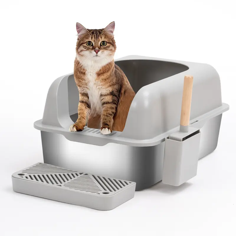 Bac à litière pour chat en acier inoxydable Design semi-fermé pour grands et petits chats Accessoire de toilette haut de gamme