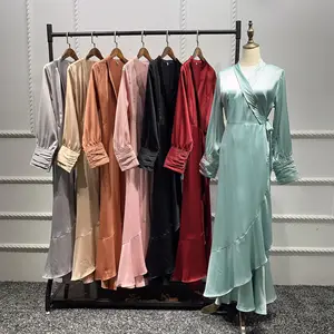 New Ramadan Women Solid Color Long Sleeve Ruffle Lace V Neck One Piece Marocain Satin Kaftan Cardigan Muslim Dresses