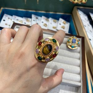 Anelli Maiou Statement Vintage Trendy in Ottone Placcato Oro 18K <span class=keywords><strong>con</strong></span> Pietre Naturali Occhio di Tigre e <span class=keywords><strong>Lapislazzuli</strong></span> per Donne - Product Image 4