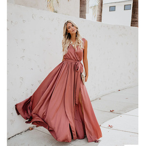 Robe longue sans manches à col en V avec fente haute, taille naturelle respirante pour femmes, robes de cocktail - Product Image 3