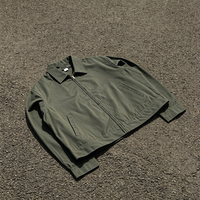 Blouson Harrington zippé vert olive pour homme, col à revers, poches latérales obliques, coupe courte, style vintage, en sergé, vêtement de travail décontracté
