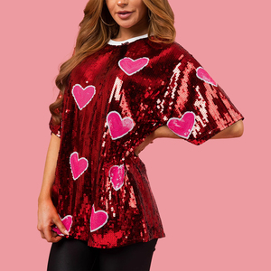 T-shirt <span class=keywords><strong>con</strong></span> paillettes oversize da donna su misura <span class=keywords><strong>con</strong></span> paillettes <span class=keywords><strong>rosso</strong></span> e rosa <span class=keywords><strong>con</strong></span> motivo a <span class=keywords><strong>cuore</strong></span> manica mezza manica Casual a coste ampio Top Fit - Product Image 2