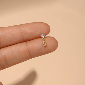 Boucle d'oreille piercing barbell en argent sterling S925, forme goutte d'eau lisse, avec pampille et zircon 5A marquise à dos plat - Product Image 2