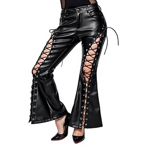 Pantalones de Cuero Genuino Negro, Ecológicos, Formales, de Cintura Alta, Estilo Gótico, Corte Recto, Largos, con Botones Decorativos y Cierre de Botones - Product Image 1