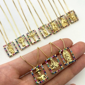 Raffredda rettangolo religiosi santi cristiani modello con gemme colorate placcato in oro 18K ciondolo ciondolo in ottone rame - Product Image 6