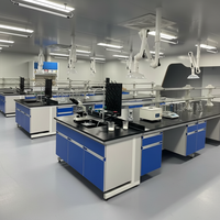 Ergonomische, langlebige C-Rahmen Laborinselbank aus Holz und Stahl für Hightech-F&E-Zentren, Schulen und Krankenhäuser mit Wasserhahn-Tropfregal