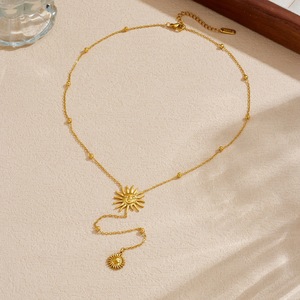 Fashionable Retro Sun Face Pendant Gold Plated Long Chain Y Shape Stainless Steel Necklace Daily Party Jewelry - Product Image 3