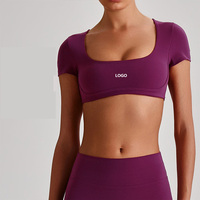 Haut de sport court pour femme, col carré, grande taille, séchage rapide, manches courtes, doux, extensible, coupe ajustée, pour la gym et l'entraînement