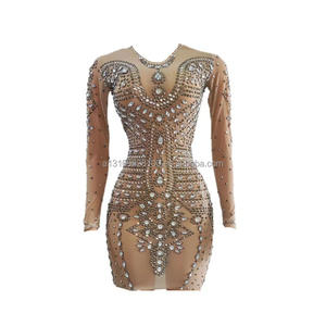 Robe de soirée sexy en maille transparente brillante avec diamants, maille extensible, robe de performance pour boîte de nuit - Product Image 1
