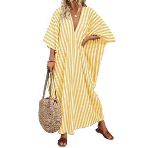 En stock, <span class=keywords><strong>robe</strong></span> élégante pour femmes, style décontracté européen et américain, ample, col en V profond, longue, rayée, antistatique - Product Image 5