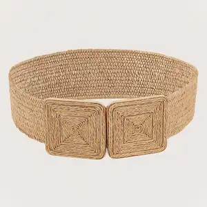 Wholesale Elastic Woven Straw Rattan Waist Band With Large Buckle Skinny Elastic Strength Boho PP Straw Belts For Women Girls