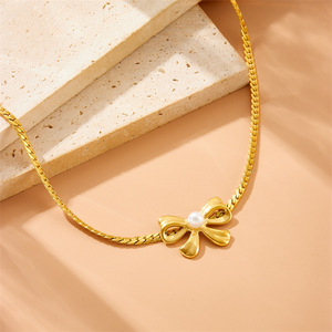 Gold Plated Bowknot Pearl Jewelry <b>Set</b> Stainless Steel Chain Necklace Earrings <b>Bracelet</b> Party Fashion Accessories - Product Image 2