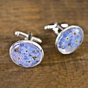パーソナライズされたレジンジュエリーロマンチックシルバーラウンドブルーフォーゲットミーノットリアルフラワー手作りレジンカフリンクス - Product Image 4