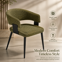 Chaise de salle à manger moderne en bouclette vert mousse, dossier ouvert, accoudoirs incurvés, structure métallique, pieds noirs, pour hôtel, restaurant, café, usage commercial