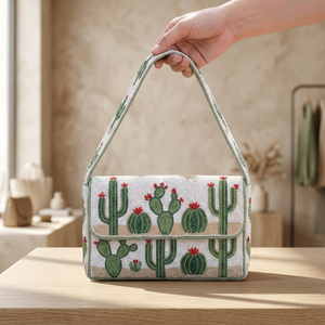 Bolso de mano hecho a mano de lino con cuentas, impermeable, con forma de silla de montar, de una sola correa, con patrón floral y bordado de hilo, tipo tote, para la noche. - Product Image 1