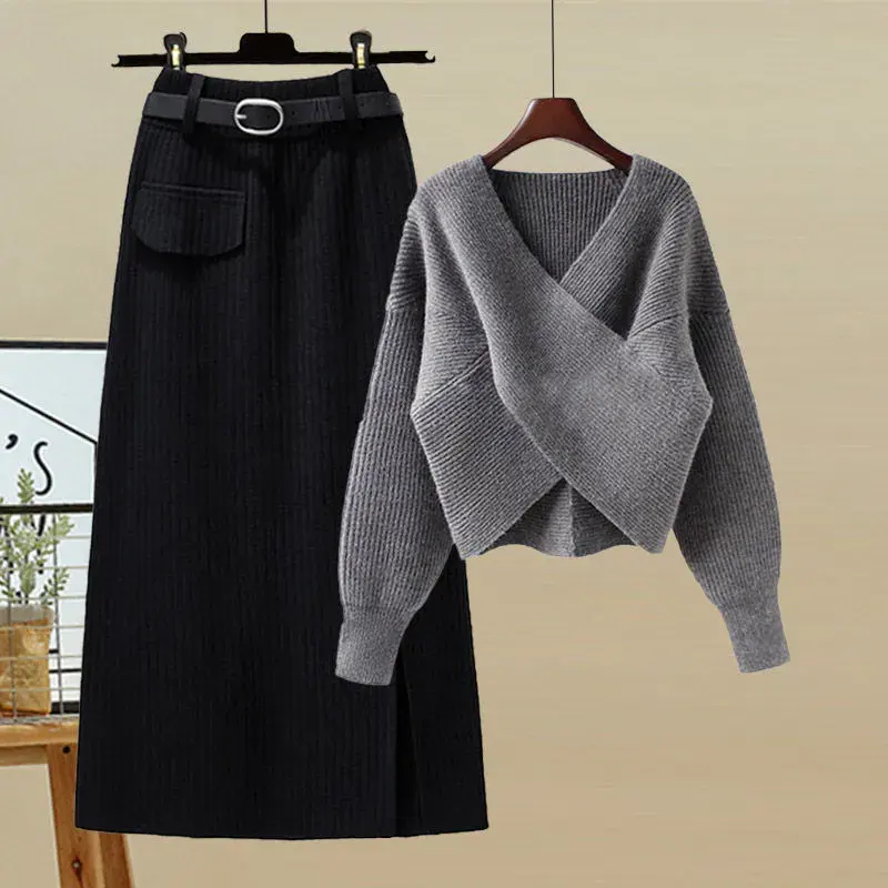 Automne et hiver mode robe costume tempérament tricoté à manches longues pull robe deux pièces ensemble pour les femmes