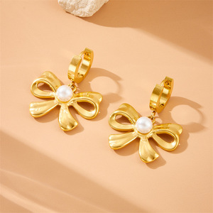 Gold Plated Bowknot Pearl Jewelry <b>Set</b> Stainless Steel Chain Necklace Earrings <b>Bracelet</b> Party Fashion Accessories - Product Image 3